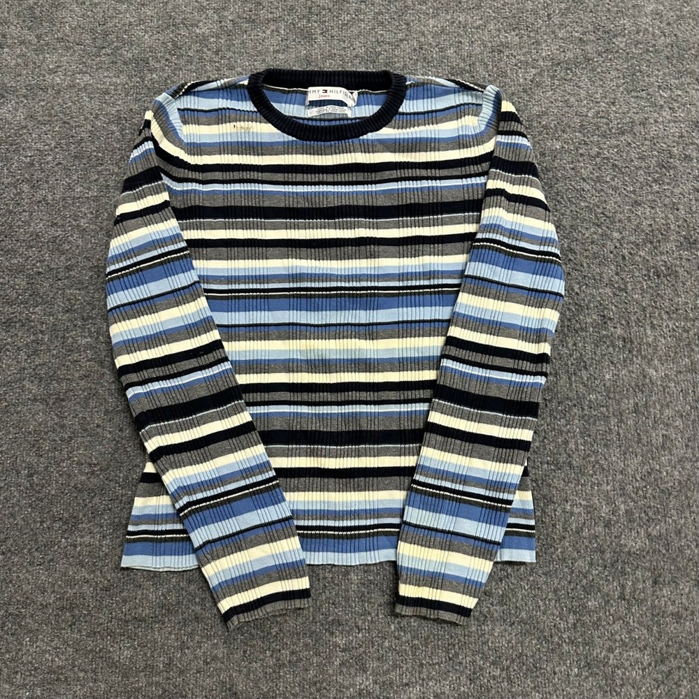 Tommy Hilfiger Sweater Womens Size M Blue Striped Ribbed Knit Cotton Crew Neck